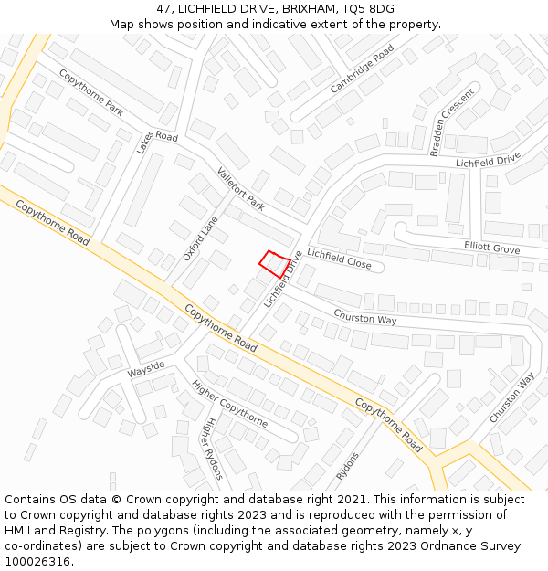 47, LICHFIELD DRIVE, BRIXHAM, TQ5 8DG: Location map and indicative extent of plot