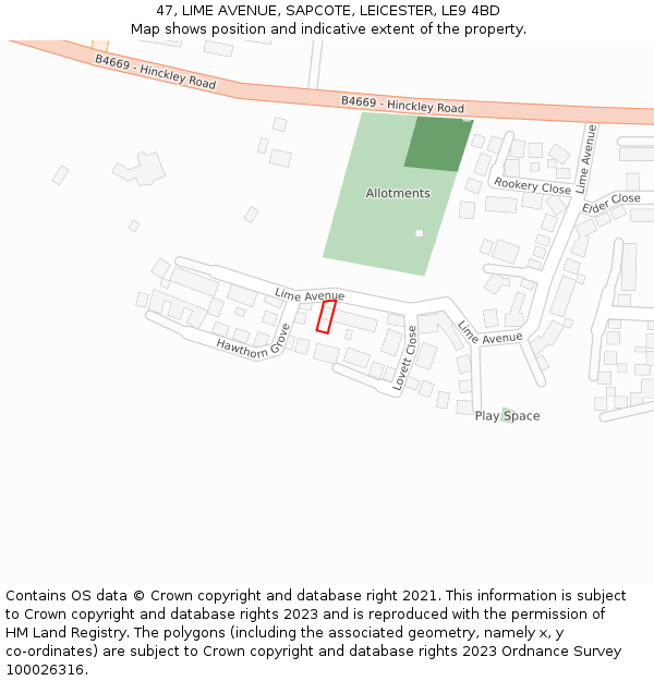 47, LIME AVENUE, SAPCOTE, LEICESTER, LE9 4BD: Location map and indicative extent of plot
