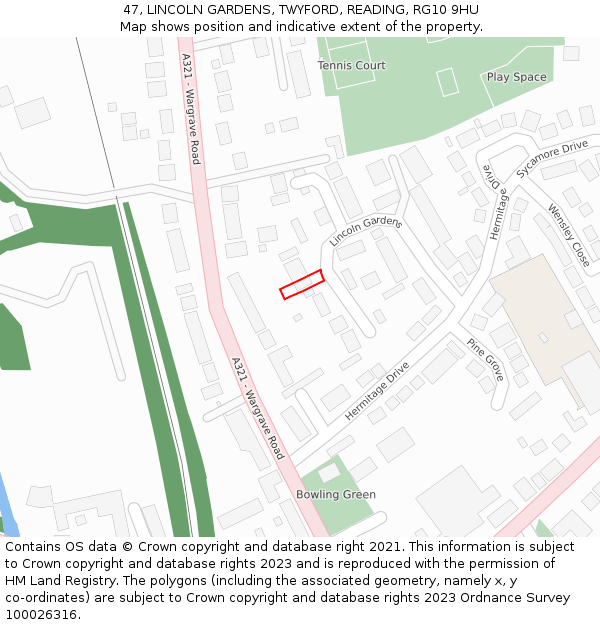47, LINCOLN GARDENS, TWYFORD, READING, RG10 9HU: Location map and indicative extent of plot