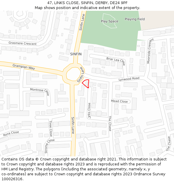 47, LINKS CLOSE, SINFIN, DERBY, DE24 9PF: Location map and indicative extent of plot