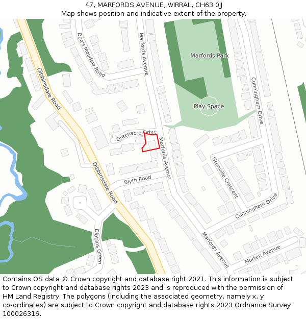 47, MARFORDS AVENUE, WIRRAL, CH63 0JJ: Location map and indicative extent of plot