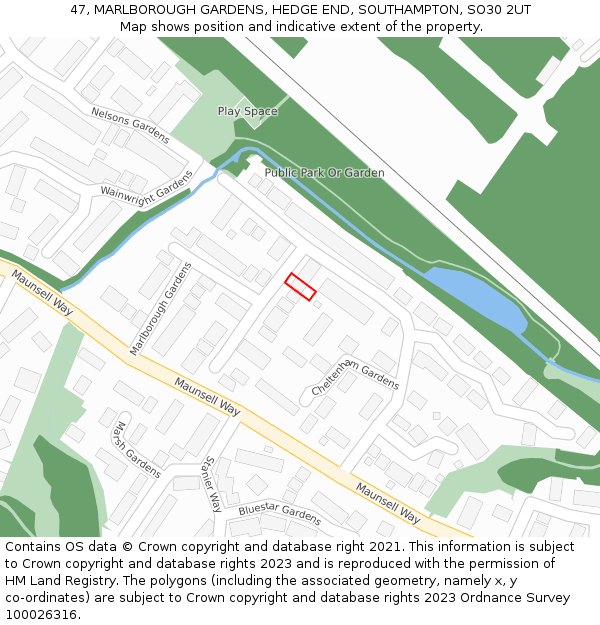 47, MARLBOROUGH GARDENS, HEDGE END, SOUTHAMPTON, SO30 2UT: Location map and indicative extent of plot