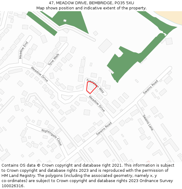 47, MEADOW DRIVE, BEMBRIDGE, PO35 5XU: Location map and indicative extent of plot