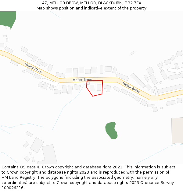 47, MELLOR BROW, MELLOR, BLACKBURN, BB2 7EX: Location map and indicative extent of plot