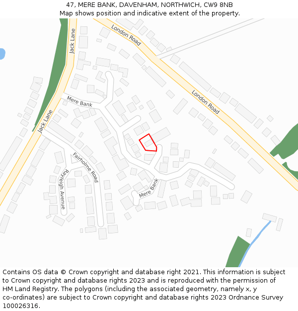 47, MERE BANK, DAVENHAM, NORTHWICH, CW9 8NB: Location map and indicative extent of plot