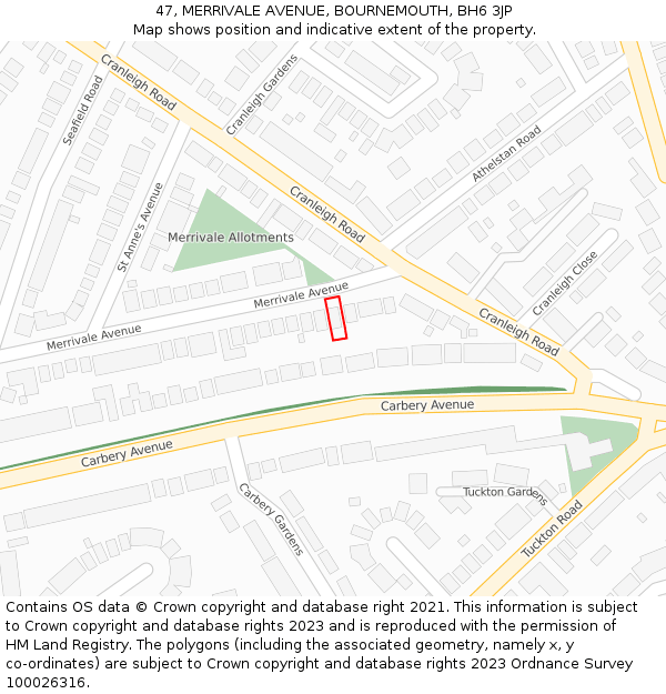 47, MERRIVALE AVENUE, BOURNEMOUTH, BH6 3JP: Location map and indicative extent of plot