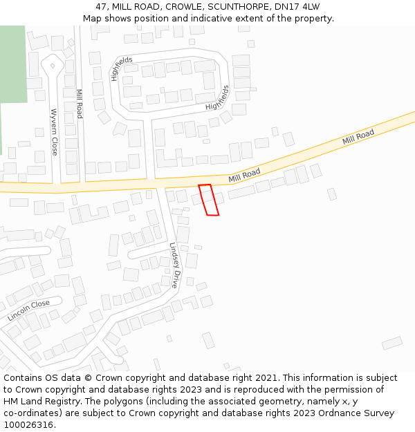 47, MILL ROAD, CROWLE, SCUNTHORPE, DN17 4LW: Location map and indicative extent of plot