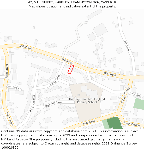 47, MILL STREET, HARBURY, LEAMINGTON SPA, CV33 9HR: Location map and indicative extent of plot