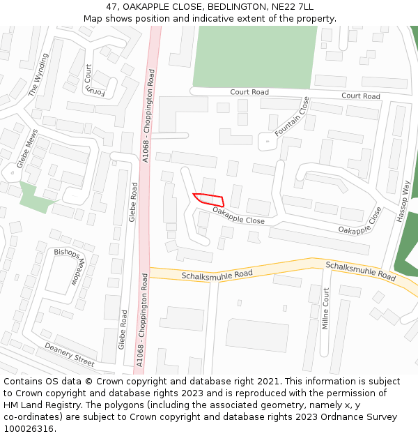 47, OAKAPPLE CLOSE, BEDLINGTON, NE22 7LL: Location map and indicative extent of plot