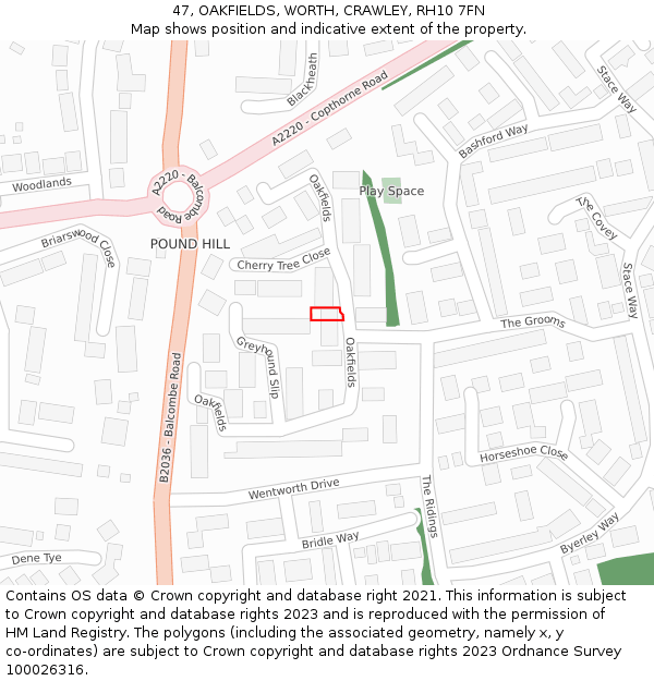 47, OAKFIELDS, WORTH, CRAWLEY, RH10 7FN: Location map and indicative extent of plot