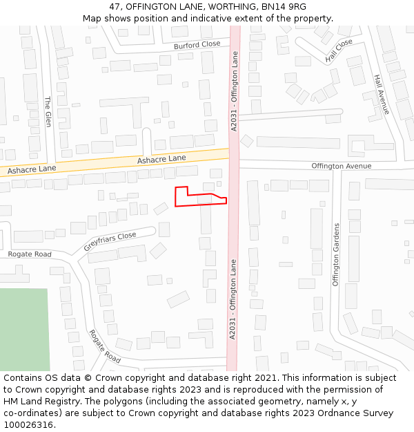 47, OFFINGTON LANE, WORTHING, BN14 9RG: Location map and indicative extent of plot