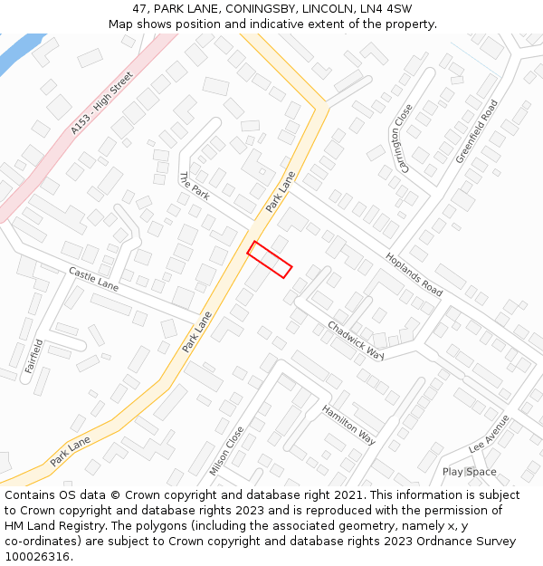 47, PARK LANE, CONINGSBY, LINCOLN, LN4 4SW: Location map and indicative extent of plot
