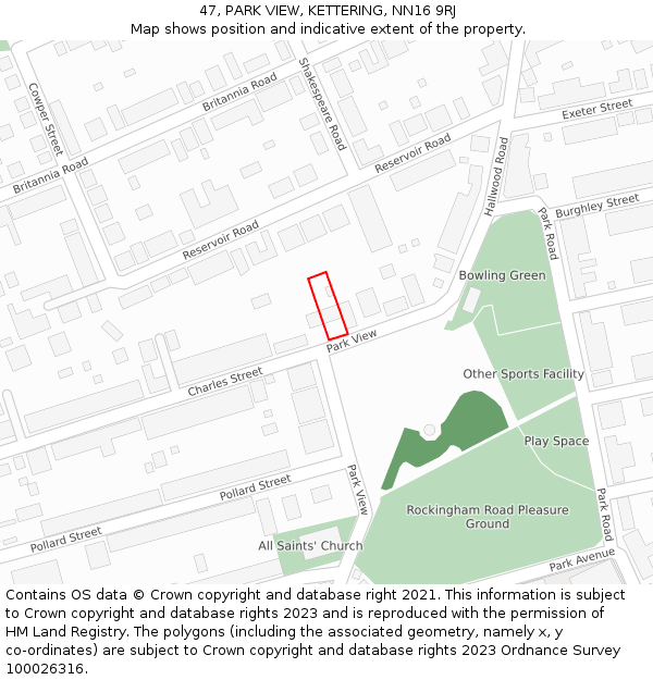 47, PARK VIEW, KETTERING, NN16 9RJ: Location map and indicative extent of plot