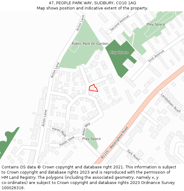 47, PEOPLE PARK WAY, SUDBURY, CO10 1AG: Location map and indicative extent of plot