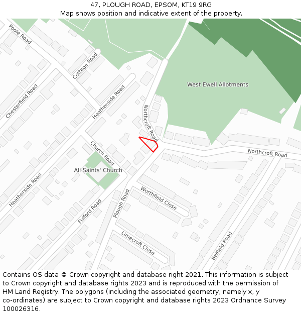 47, PLOUGH ROAD, EPSOM, KT19 9RG: Location map and indicative extent of plot
