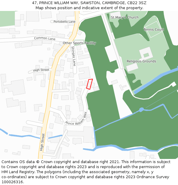 47, PRINCE WILLIAM WAY, SAWSTON, CAMBRIDGE, CB22 3SZ: Location map and indicative extent of plot