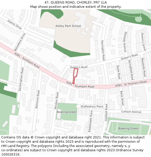 47, QUEENS ROAD, CHORLEY, PR7 1LA: Location map and indicative extent of plot