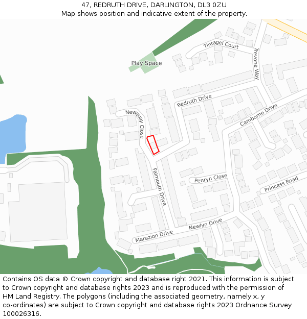 47, REDRUTH DRIVE, DARLINGTON, DL3 0ZU: Location map and indicative extent of plot