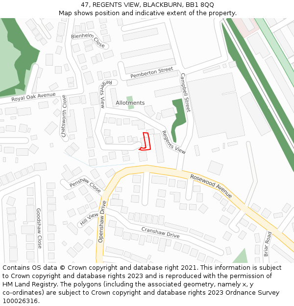 47, REGENTS VIEW, BLACKBURN, BB1 8QQ: Location map and indicative extent of plot