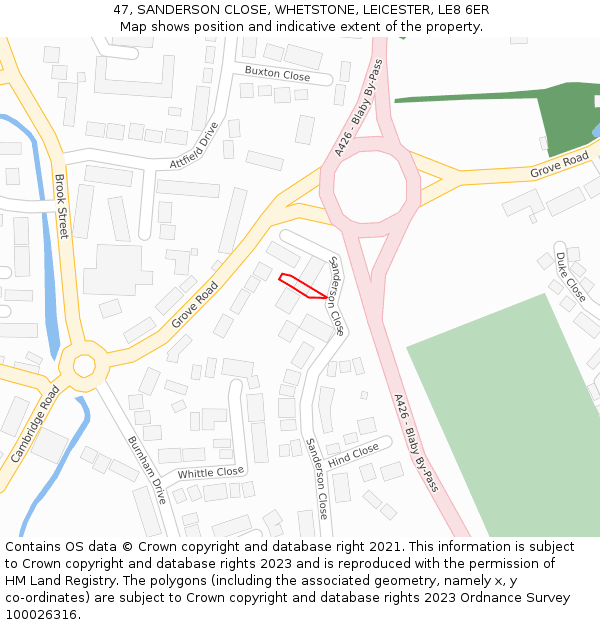 47, SANDERSON CLOSE, WHETSTONE, LEICESTER, LE8 6ER: Location map and indicative extent of plot
