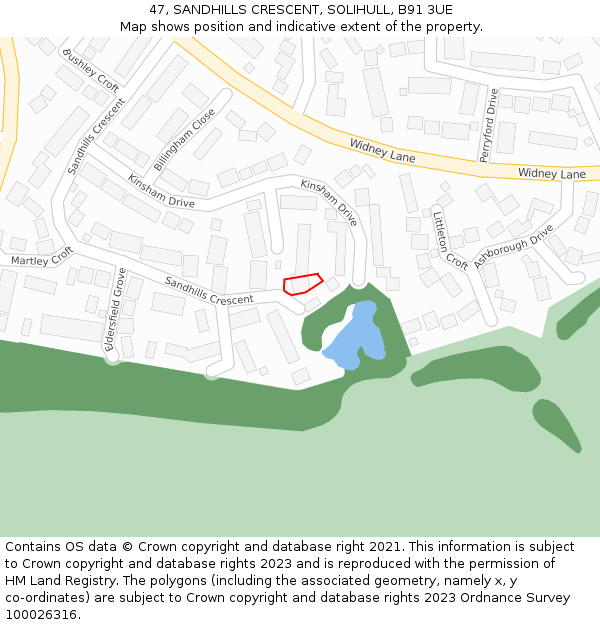 47, SANDHILLS CRESCENT, SOLIHULL, B91 3UE: Location map and indicative extent of plot