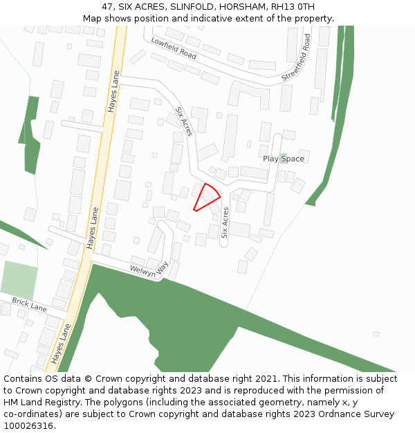 47, SIX ACRES, SLINFOLD, HORSHAM, RH13 0TH: Location map and indicative extent of plot