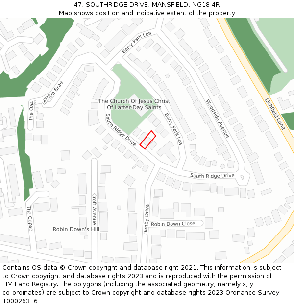 47, SOUTHRIDGE DRIVE, MANSFIELD, NG18 4RJ: Location map and indicative extent of plot