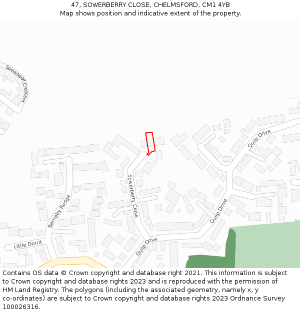 47, SOWERBERRY CLOSE, CHELMSFORD, CM1 4YB: Location map and indicative extent of plot