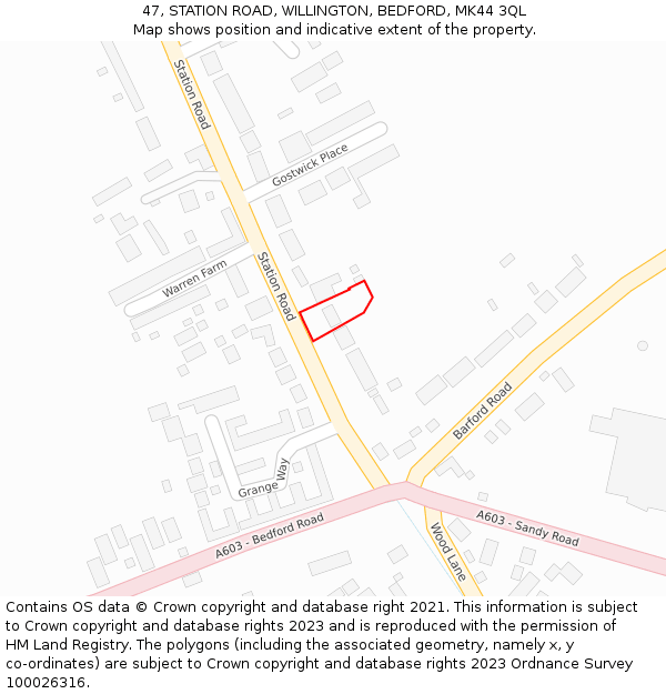 47, STATION ROAD, WILLINGTON, BEDFORD, MK44 3QL: Location map and indicative extent of plot