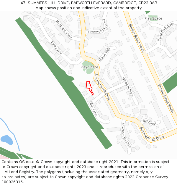 47, SUMMERS HILL DRIVE, PAPWORTH EVERARD, CAMBRIDGE, CB23 3AB: Location map and indicative extent of plot
