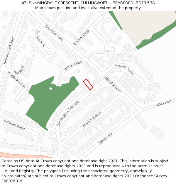 47, SUNNINGDALE CRESCENT, CULLINGWORTH, BRADFORD, BD13 5BA: Location map and indicative extent of plot