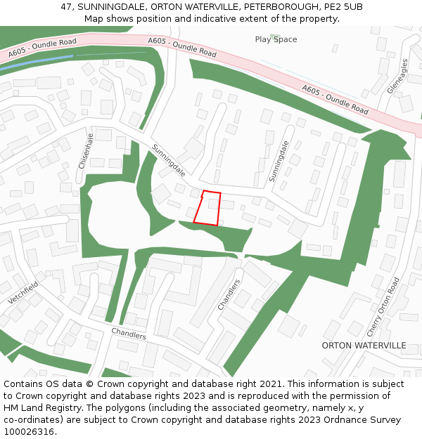47, SUNNINGDALE, ORTON WATERVILLE, PETERBOROUGH, PE2 5UB: Location map and indicative extent of plot