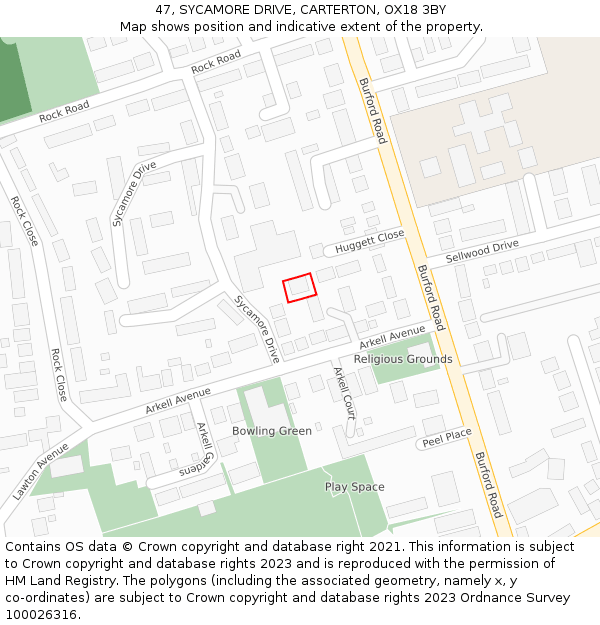 47, SYCAMORE DRIVE, CARTERTON, OX18 3BY: Location map and indicative extent of plot