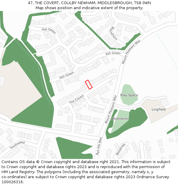 47, THE COVERT, COULBY NEWHAM, MIDDLESBROUGH, TS8 0WN: Location map and indicative extent of plot
