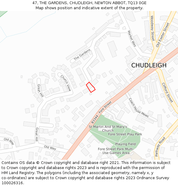 47, THE GARDENS, CHUDLEIGH, NEWTON ABBOT, TQ13 0GE: Location map and indicative extent of plot