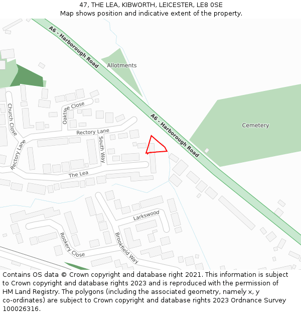 47, THE LEA, KIBWORTH, LEICESTER, LE8 0SE: Location map and indicative extent of plot