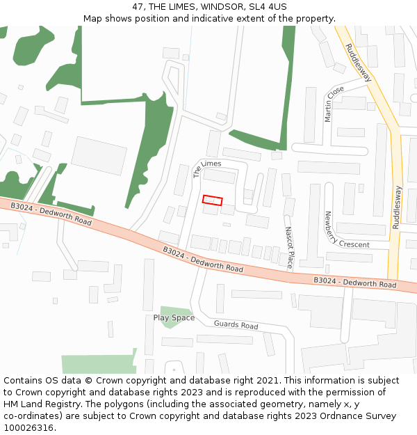 47, THE LIMES, WINDSOR, SL4 4US: Location map and indicative extent of plot