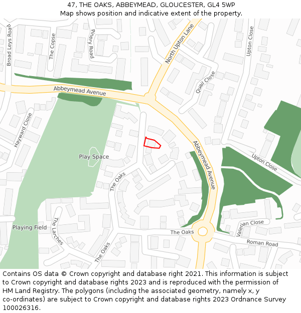 47, THE OAKS, ABBEYMEAD, GLOUCESTER, GL4 5WP: Location map and indicative extent of plot
