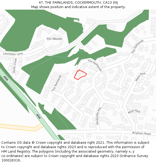 47, THE PARKLANDS, COCKERMOUTH, CA13 0XJ: Location map and indicative extent of plot