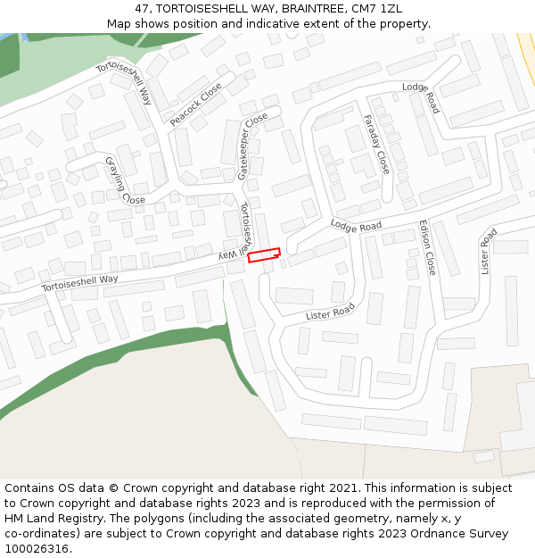 47, TORTOISESHELL WAY, BRAINTREE, CM7 1ZL: Location map and indicative extent of plot
