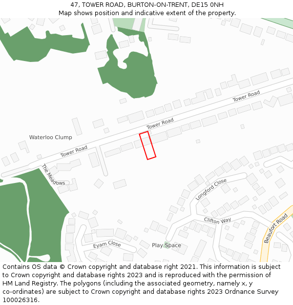 47, TOWER ROAD, BURTON-ON-TRENT, DE15 0NH: Location map and indicative extent of plot