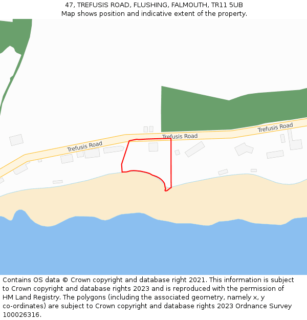 47, TREFUSIS ROAD, FLUSHING, FALMOUTH, TR11 5UB: Location map and indicative extent of plot