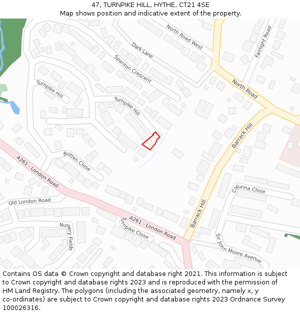 47, TURNPIKE HILL, HYTHE, CT21 4SE: Location map and indicative extent of plot