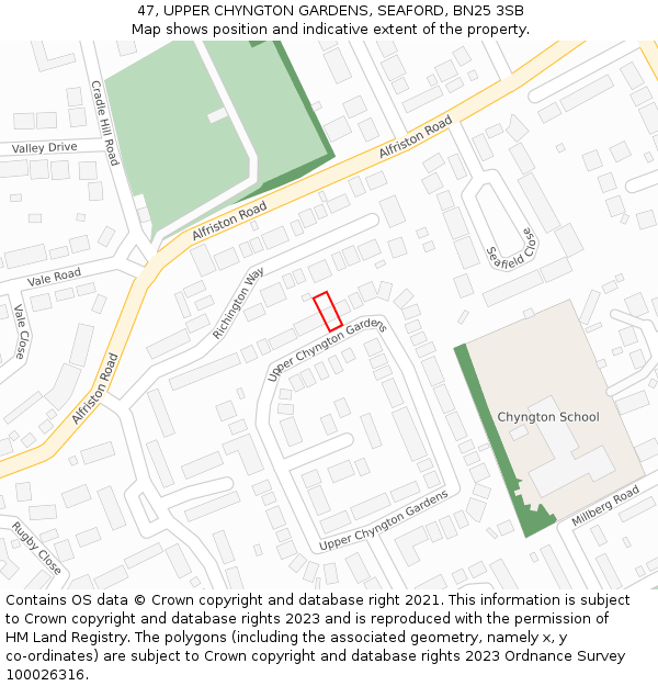 47, UPPER CHYNGTON GARDENS, SEAFORD, BN25 3SB: Location map and indicative extent of plot