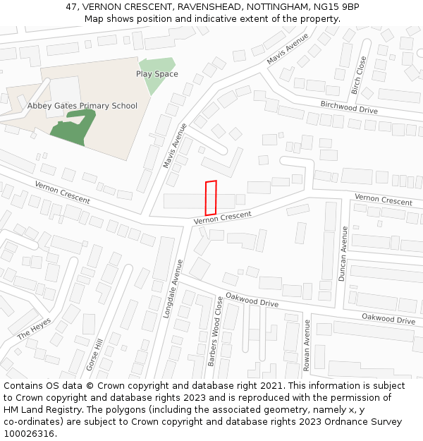 47, VERNON CRESCENT, RAVENSHEAD, NOTTINGHAM, NG15 9BP: Location map and indicative extent of plot