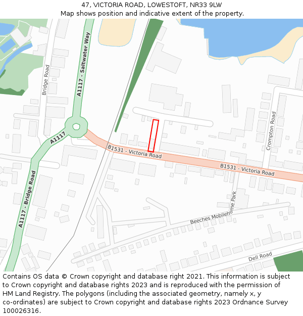 47, VICTORIA ROAD, LOWESTOFT, NR33 9LW: Location map and indicative extent of plot