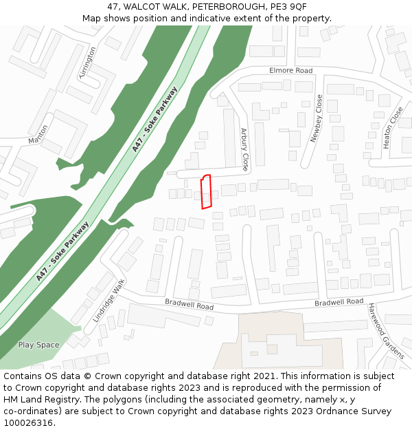 47, WALCOT WALK, PETERBOROUGH, PE3 9QF: Location map and indicative extent of plot
