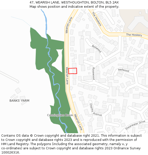 47, WEARISH LANE, WESTHOUGHTON, BOLTON, BL5 2AX: Location map and indicative extent of plot