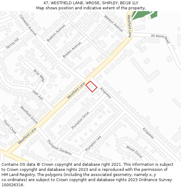 47, WESTFIELD LANE, WROSE, SHIPLEY, BD18 1LY: Location map and indicative extent of plot