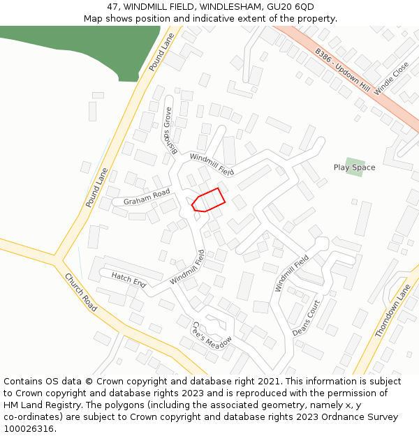47, WINDMILL FIELD, WINDLESHAM, GU20 6QD: Location map and indicative extent of plot